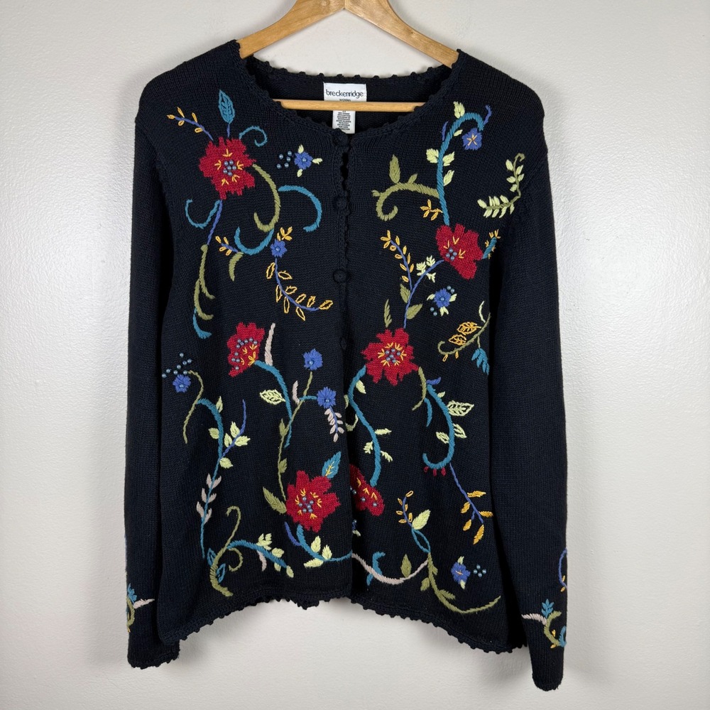 Breckenridge Woman's 2X Cardigan Black Floral Embroidered Beaded Button Up
